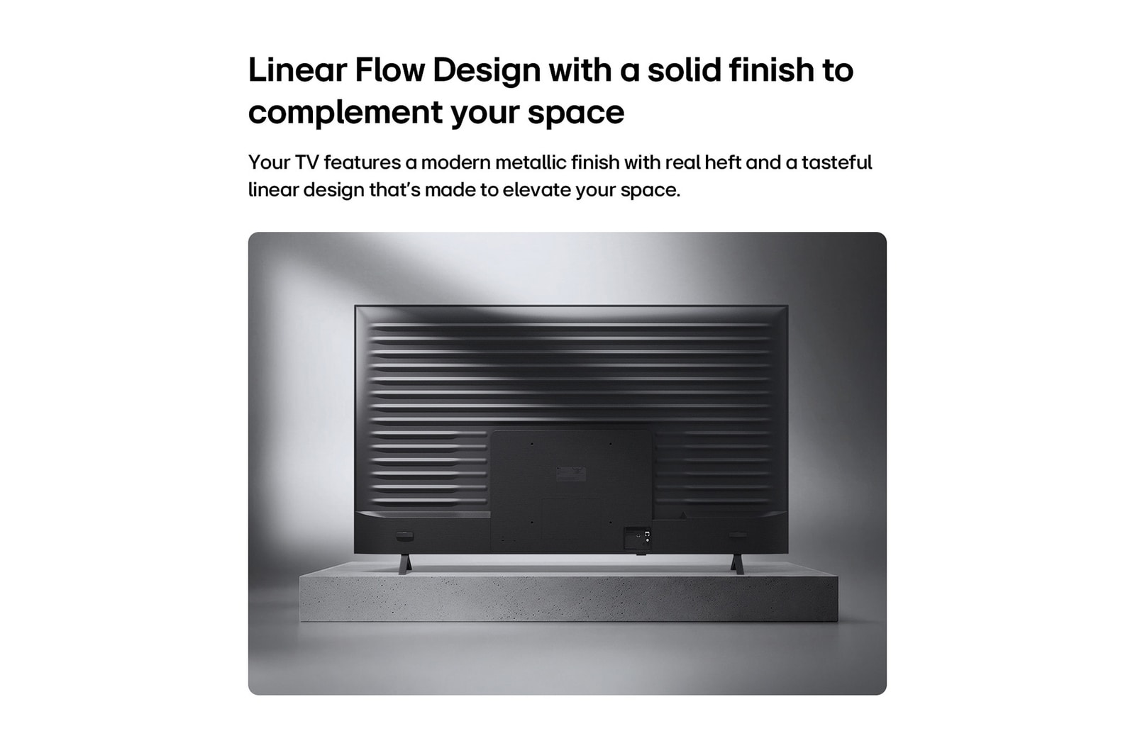 LG QNED AI QNED75 Mini LED is shown from the back, revealing a metallic rear panel with evenly spaced horizontal ridges that create a clean, structured look and emphasize the Linear Flow Design across the entire surface.